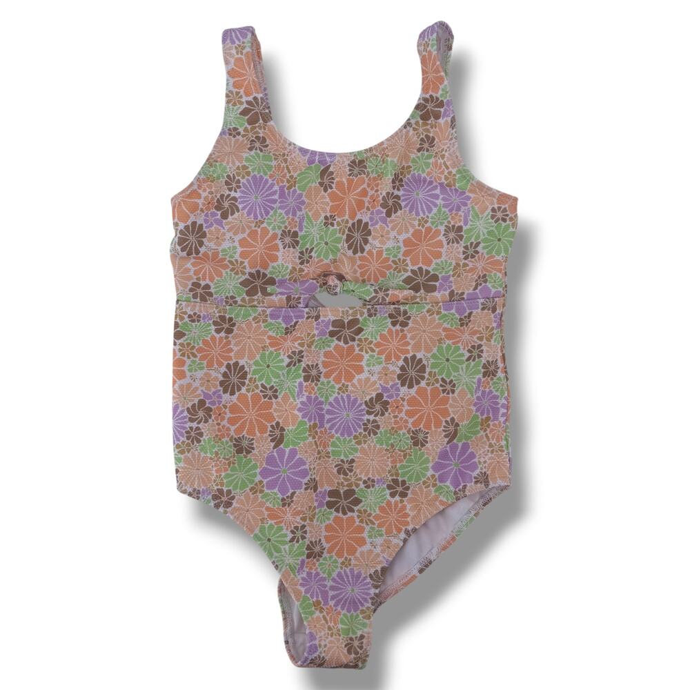 Roxy Girl All About Sol Retro Mod One Piece Swimsuit Size 12 Floral Print Cutout